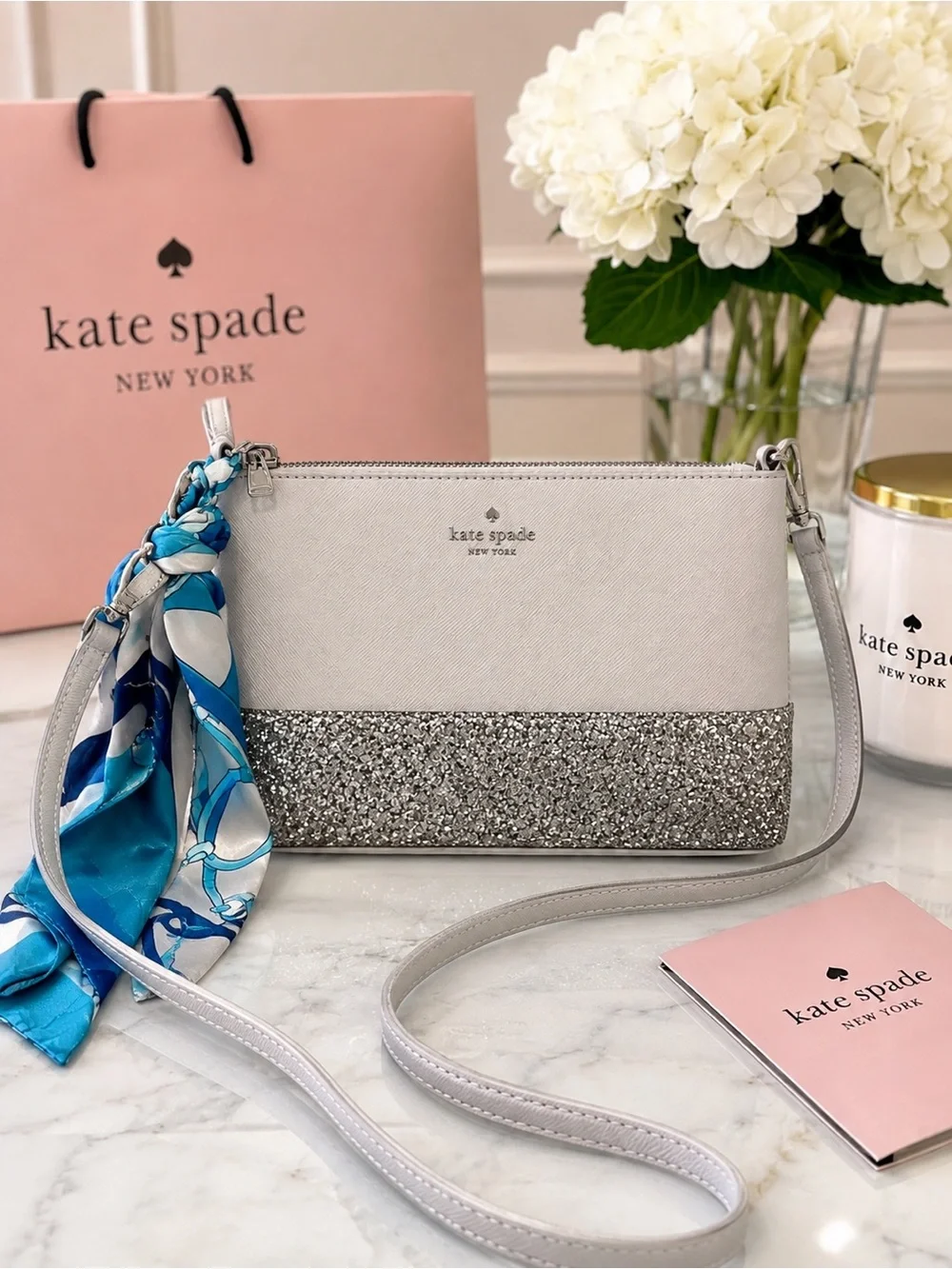 Kate Spade Silver & White Glitter Crossbody Bag — NWOT + FREE Scarf 💫